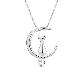 SHEGRACE Lovely Rhodium Plated 925 Sterling Silver Necklace, with Kitten in the Moon Pendant, Platinum, 15.7 inch