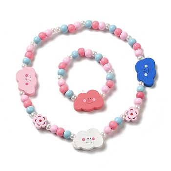Maple Wood & Acrylic Jewelry Set, Beaded Necklace & Stretch Bracelet for Kids, Cloud, Bracelet: Inner Diameter: 1-5/8 inch(4cm), Necklace: 15-1/2 inch(39.4cm)