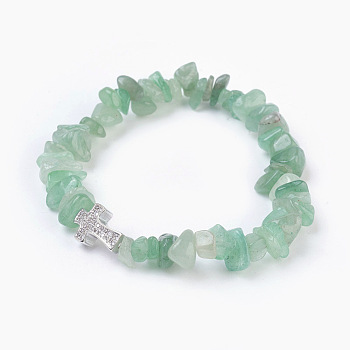 Natural Green Aventurine Beads Stretch Bracelets, with Brass Micro Pave Cubic Zirconia Beads, Chip and Cross, Platinum, 2-1/8 inch(5.3cm)~2-1/8 inch(5.5cm)
