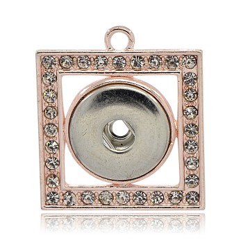 Champagne Gold Tone Alloy Rhinestone Brass Snap Pendant Making, Square, Crystal, 36x31x5mm, Hole: 3mm, Half Hole: 6mm, Fit Snap Buttons in 5~6mm Knob