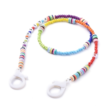 Personalized Dual-use Items, Beaded Necklaces or Eyeglasses Chains, with Brass & Acrylic & Glass Seed Beads, Polymer Clay Heishi Beads and Plastic Lobster Claw Clasps, Word Faithful, White, 22.83 inch(58cm)