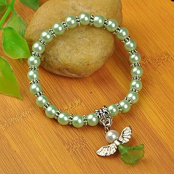 Lovely Wedding Dress Angel Bracelets for Kids, Carnival Stretch Bracelets, with Glass Pearl Beads and Tibetan Style Beads, Pale Green, 45mm