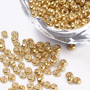 Plated Glass Seed Beads, Round, Gold, 2~2.3x1.5mm, Hole: 0.8mm, about 30000pcs/bag, about 450g/bag