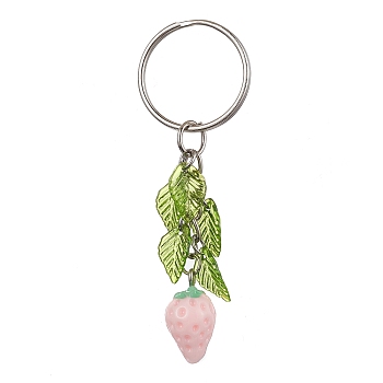 Resin Strawberry Pendant Keychain, with Acrylic Leaf Charm and Iron Keychain Ring, Pink, 7.5cm