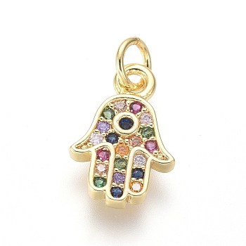 Brass Micro Pave Cubic Zirconia Charms, with Jump Rings, Hamsa Hand/Hand of Miriam, Colorful, Golden, 11.5x7.5x1.5mm, Hole: 2.5mm