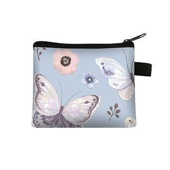 Flower & Butterfly Pattern Cartoon Style Polyester Clutch Bags, Change Purse with Zipper & Key Ring, for Women, Rectangle, Alice Blue, 13.5x11cm