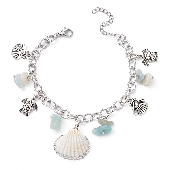 Natural Amazonite Chips & Shell & Tortoise Charm Bracelet, with Alloy Chains, Antique Silver, 7-1/8 inch(18cm)