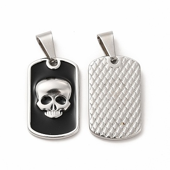 304 Stainless Steel Enamel Pendants, with 201 Stainless Steel Clasp, Rectangle with Skull, Stainless Steel Color, 26x16x3mm, Hole: 4x9mm