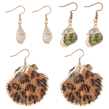 3 Pairs 3 Styles Natural Shell Dangle Earrings, Light Gold Alloy Jewelry for Women, Mixed Color, 42.5~80mm, Pin: 0.6mm, 1 Pair/style