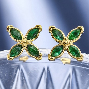 304 Stainless Steel Stud Earrings, with Cubic Zirconia, Ion Plating(IP), Flower, Golden, Green, 13x13mm