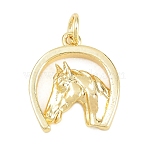 Brass Pendants, Horse with Horseshoe Charms, Cadmium Free & Lead Free, Real 18K Gold Plated, 17x14.5x3mm, Hole: 3mm(KK-D258-29G)