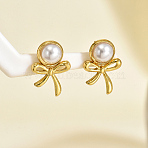 Stainless Steel Stud Earrings, Real 18K Gold Plated, with Imitation Pearl, Bowknot, 20mm(OL1768-5)