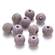 Painted Natural Wood Beads, Laser Engraved Pattern, Round with Flower Pattern, Plum, 10x9mm, Hole: 3mm(X-WOOD-N006-03A-12)