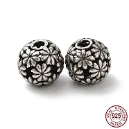 925 Sterling Silver Beads, Hollow Round with Flower, with S925 Stamp, Antique Silver, 7.5mm, Hole: 1.8mm(STER-M113-21AS)