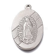 304 Stainless Steel Lady of Guadalupe Pendants, Oval with Virgin Mary, Stainless Steel Color, 35x21.5x3.5mm, Hole: 2mm(STAS-Z007-13)