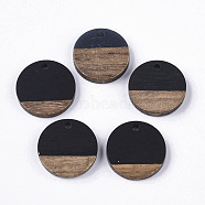 Resin & Walnut Wood Pendants, Flat Round, Black, 18x3.5mm, Hole: 1.5mm(X-RESI-S358-02C-08-1)