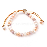 Adjustable Nylon Thread Braided Bead Bracelets, with Natural Cultured Freshwater Pearl Beads and Flat Round Brass Charms, Real 18K Gold Plated, Seashell Color, Inner Diameter: 2-1/8~3-1/2 inch(5.5~9cm)(BJEW-SZ0001-42B)