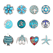 12Pcs 12 Style Alloy Rhinestone Snap Button, with Enamel, Jewelry Buttons, Starfish & Flower & Fish, Antique Silver & Platinum, 9~22x9~26x7~10mm, Knob: 5~5.5mm, 1pc/style(FIND-CA0006-97)