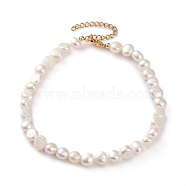 Natural Cultured Freshwater Pearl Beaded Anklets, Two Sides Polished, with Golden Plated 304 Stainless Steel Lobster Claw Clasps, Seashell Color, 9-5/8 inch(24.5cm)(AJEW-AN00386-02)