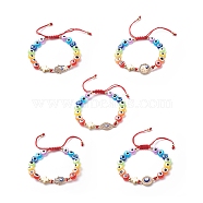 Evil Eye Resin Bead & Eye/Hamsa Hand/Flat Round Alloy Rhinestone Braided Beaded Bracelets for Girl Women, Adjustable Nylon Threads Cord Bracelet, Colorful, Inner Diameter: 1-7/8~3-1/8 inch(4.9~7.8cm)(BJEW-JB08742)
