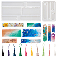 2Pcs 2 Styles DIY Bookmark Silicone Molds, Resin Casting Molds, for UV Resin, Epoxy Resin Craft Making, and 20Pcs 10 Colors Polyester Tassel Decorations, Mixed Color, Mold: 127x267x5mm & 124x79.5x5mm, Hole: 3~3.5mm, Inner Diameter: 53~140x16~50mm, Tassel Decorations: 130x6mm(DIY-TA0004-66)