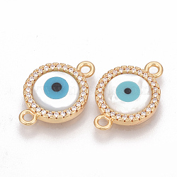 Brass Micro Pave Cubic Zirconia Links connectors, with Shell, Flat Round with Evil Eye, Real 18K Gold Plated, 20x13x3mm, Hole: 1.5mm(X-KK-T025-13G)