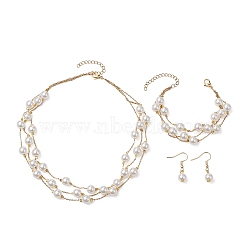 Round ABS Plastic Imitation Pearl Beads Necklace & Bracelet & Dangle Earring Sets for Women, with 304 Stainless Steel Earring Hooks & Cable Chains, Creamy White, 385x21mm(SJEW-JS01306)