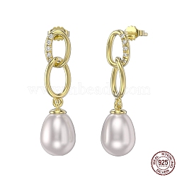 925 Sterling Silver Stud Earrings, Oval Pearl Dangle Earrings for Women, with S925 Stamp, Real 14K Gold Plated, 29mm(EJEW-P231-32G)