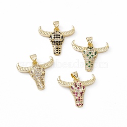 Brass Micro Pave Cubic Zirconia Pendants, OX Head Charm, Lead Free & Cadmium Free, Real 18K Gold Plated, Mixed Color, 20x23x4.5mm, Hole: 3.5x4mm(KK-I692-06G)