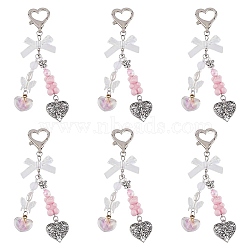 Acrylic Pendant Decorations, with Zinc Alloy Lobster Claw Clasps and Heart with Butterfly Charms, Pink, 117mm, 6pcs/set(HJEW-AB00555)