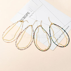 Double Layer Necklaces, with  Faceted Glass Beads, 304 Stainless Steel Lobster Claw Clasps, Brass Curb Chains & Charms, Golden, Mixed Color, 13.78~14.17 inch(35~36cm)(NJEW-JN03077)