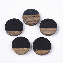 Resin & Walnut Wood Pendants, Flat Round, Black, 18x3.5mm, Hole: 1.5mm(X-RESI-S358-02C-08-1)