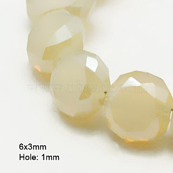 Electroplate Glass Beads, Half Plated, Faceted, Frosted, Flat Round, Lemon Chiffon, 6x3mm, Hole: 1mm(EGLA-D028-13)