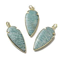 Natural Amazonite Pendants, Arrowhead Charms, with Rack Plating Golden Plated Brass Edge, 44x18~18.5x4.5~6mm, Hole: 4x6mm(G-A099-01G-04)