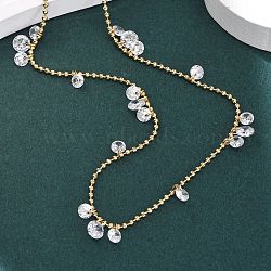 304 Stainless Steel Ball Chain Colorful Cubic Zirconia Flat Round Tassel Necklaces for Women, Golden, Clear, 16.14 inch(41cm)(NJEW-A051-03G-02)