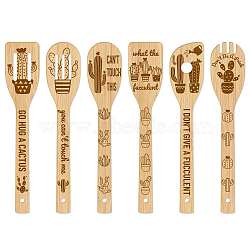 6Pcs Bamboo Spoons & Knifes & Forks, Flatware for Dessert, Cactus Pattern, 60x300mm, 6 style, 1pc/style, 6pcs/set(AJEW-WH0411-004)