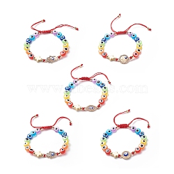 Evil Eye Resin Bead & Eye/Hamsa Hand/Flat Round Alloy Rhinestone Braided Beaded Bracelets for Girl Women, Adjustable Nylon Threads Cord Bracelet, Colorful, Inner Diameter: 1-7/8~3-1/8 inch(4.9~7.8cm)(BJEW-JB08742)