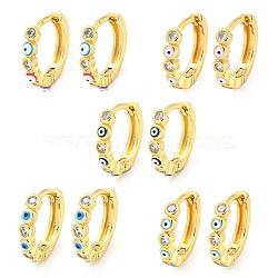 Evil Eye Real 18K Gold Plated Brass Hoop Earrings, with Enamel and Clear Cubic Zirconia, Mixed Color, 13x2.5mm(EJEW-L269-065G)