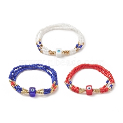 3Pcs 3 Color Evil Eye Lampwork & Glass Seed & Brass Beaded Triple Layer Multi-strand Bracelets Set for Women, Mixed Color, Inner Diameter: 2-1/8 inch(5.3cm), 1Pc/color(BJEW-JB09252)