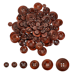 100Pcs 6 Style Natural Flat Round 4-hole Basic Sewing Button, Wooden Buttons, Mixed Color, 13~38x4~5mm, Hole: 1.5~3mm, 100pcs/box(FIND-OC0002-11)