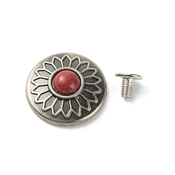 Alloy Buttons, with Synthetic Turquoise and Iron Screws, for Purse, Bags, Leather Crafts Decoration, Flat Round with Flower Pattern, Red, 20x6.7mm, Hole: 2.5mm(FIND-TAC0017-12AS-01)