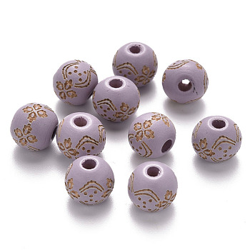 Painted Natural Wood Beads, Laser Engraved Pattern, Round with Flower Pattern, Plum, 10x9mm, Hole: 3mm