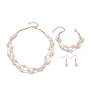 Round ABS Plastic Imitation Pearl Beads Necklace & Bracelet & Dangle Earring Sets for Women, with 304 Stainless Steel Earring Hooks & Cable Chains, Creamy White, 385x21mm