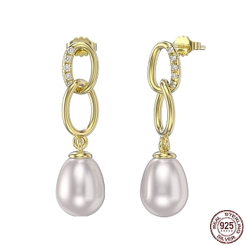 925 Sterling Silver Stud Earrings, Oval Pearl Dangle Earrings for Women, with S925 Stamp, Real 14K Gold Plated, 29mm