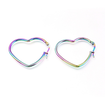 201 Stainless Steel Hoop Earrings, with 304 Stainless Steel Pin, Hypoallergenic Earrings, Heart, Rainbow Color, 37x30x2mm, 12 Gauge, Pin: 0.7mm