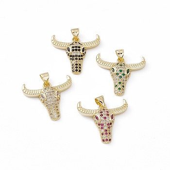 Brass Micro Pave Cubic Zirconia Pendants, OX Head Charm, Lead Free & Cadmium Free, Real 18K Gold Plated, Mixed Color, 20x23x4.5mm, Hole: 3.5x4mm