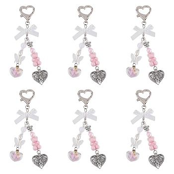 Acrylic Pendant Decorations, with Zinc Alloy Lobster Claw Clasps and Heart with Butterfly Charms, Pink, 117mm, 6pcs/set