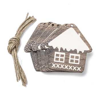 Christmas Themed Wood Big Pendant Decorations, with Hemp Rope, House, Coffee, 90x87x2mm, Hole: 4mm, Rope: 220mm, 10pcs/bag