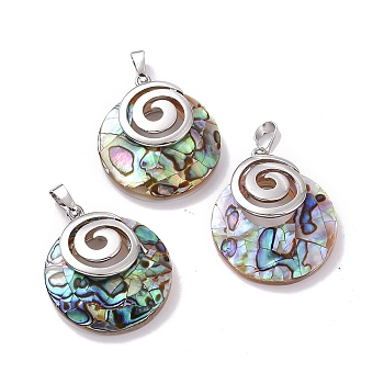 Natural Paua Shell Pendants, with Platinum Tone Brass Findings, Flat Round, 30.87x28.4x4.5mm, Hole: 5x8mm