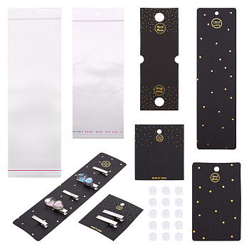 80Pcs 4 Style Rectangle Cardboard Jewelry Display Cards, Hair Clip Display Cards, with Plastic Ear Nuts and OPP Cellophane Bags, Black, Card: 7.3~23.9x5~6.4x0.04cm, Hole: 6~12mm, 20pcs/style, about 360pcs/set